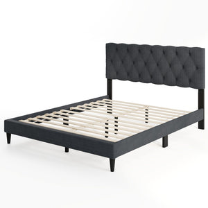 Upholstered Platform Bed with Tufted Headboard and Wooden Slats Gray-Queen Size
