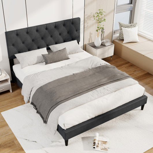 Upholstered Platform Bed with Tufted Headboard and Wooden Slats Gray-Queen Size