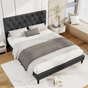 Upholstered Platform Bed with Tufted Headboard and Wooden Slats Gray-Queen Size