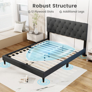 Upholstered Platform Bed with Tufted Headboard and Wooden Slats Gray-Queen Size