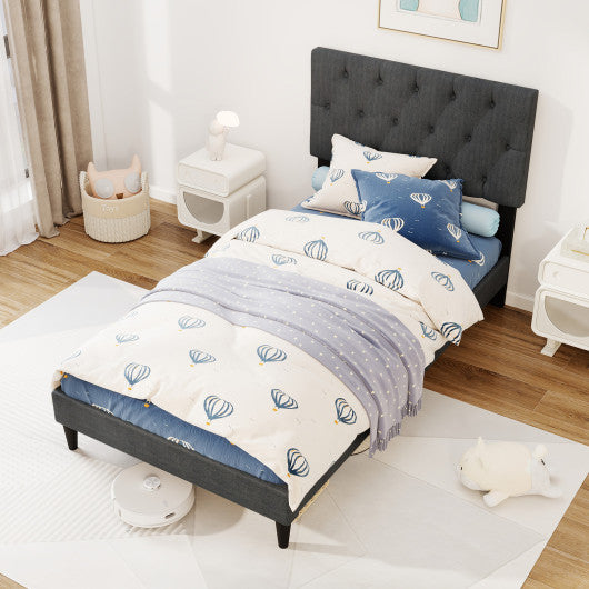 Upholstered Platform Bed with Tufted Headboard and Wooden Slats Gray-Twin Size