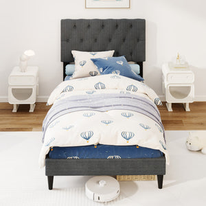 Upholstered Platform Bed with Tufted Headboard and Wooden Slats Gray-Twin Size