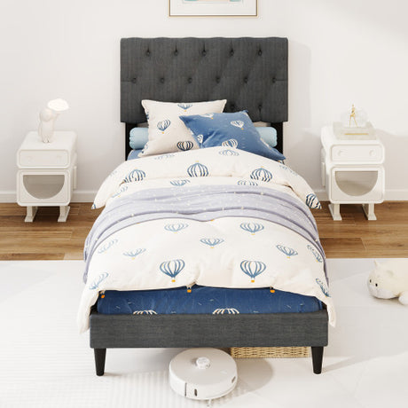 Upholstered Platform Bed with Tufted Headboard and Wooden Slats Gray-Twin Size