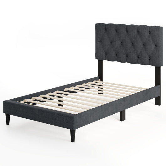Upholstered Platform Bed with Tufted Headboard and Wooden Slats Gray-Twin Size