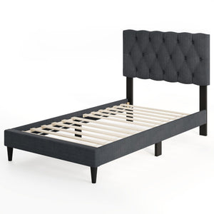 Upholstered Platform Bed with Tufted Headboard and Wooden Slats Gray-Twin Size