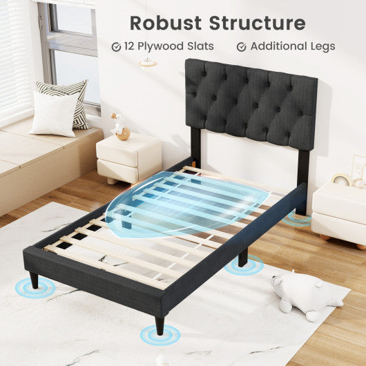 Upholstered Platform Bed with Tufted Headboard and Wooden Slats Gray-Twin Size