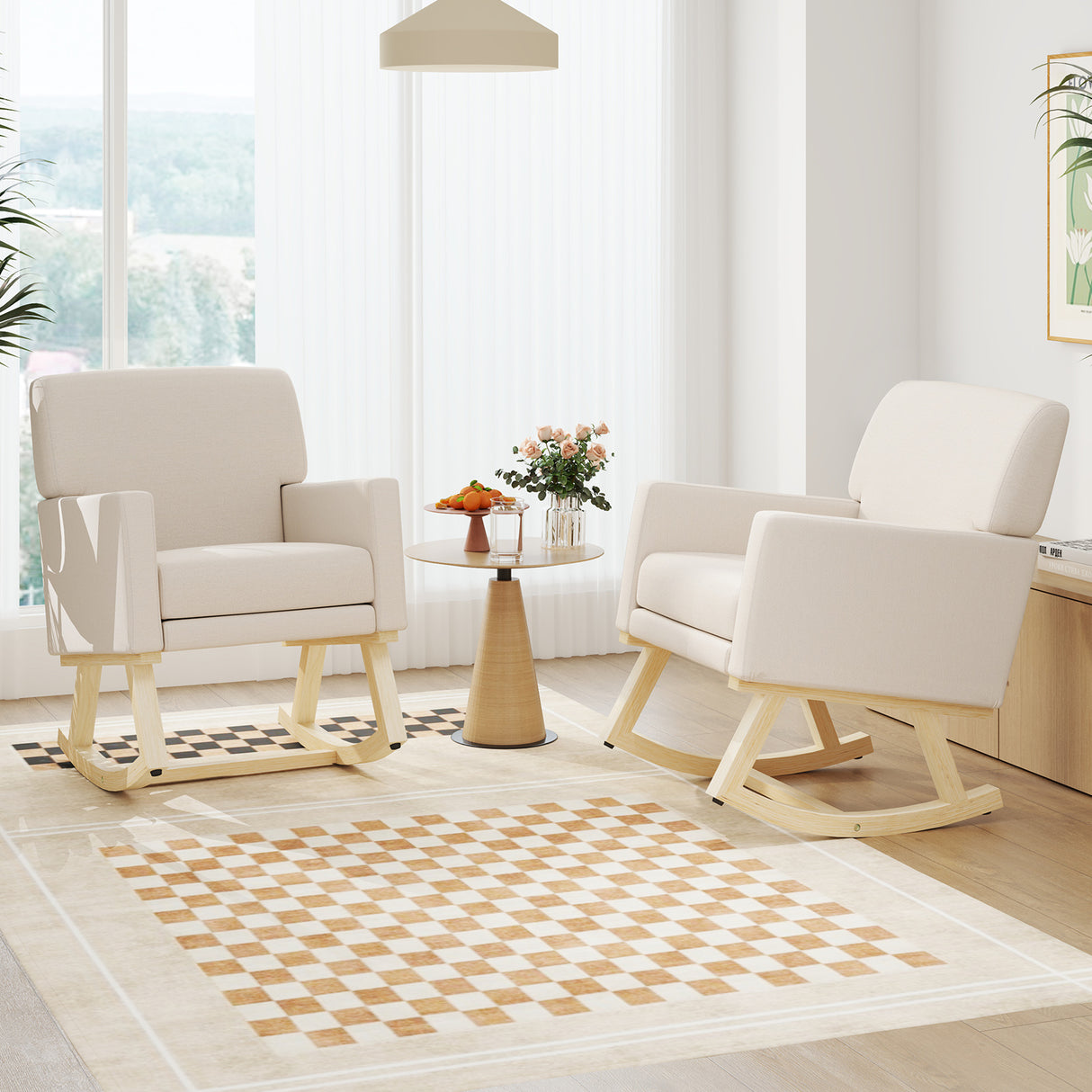 Upholstered Rocking Chair with and Solid Wood Base-Beige