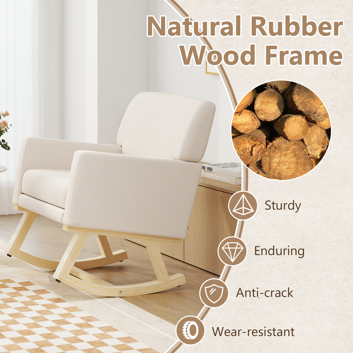 Upholstered Rocking Chair with and Solid Wood Base-Beige