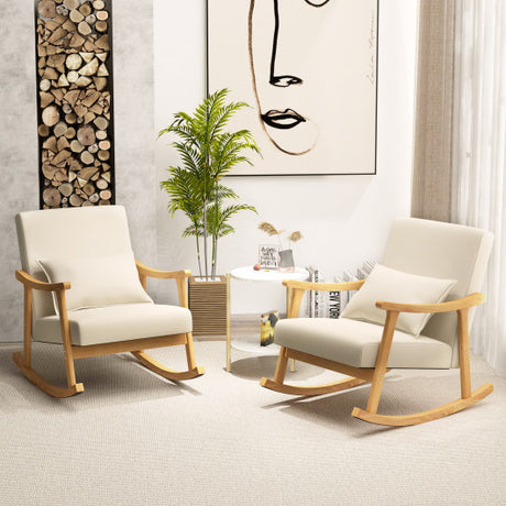 Upholstered Rocking Chair with Pillow and Rubber Wood Frame-Beige