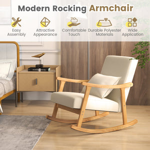 Upholstered Rocking Chair with Pillow and Rubber Wood Frame-Beige