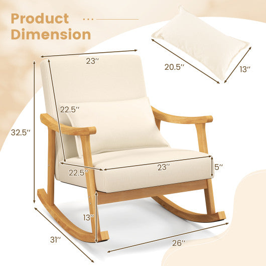 Upholstered Rocking Chair with Pillow and Rubber Wood Frame-Beige