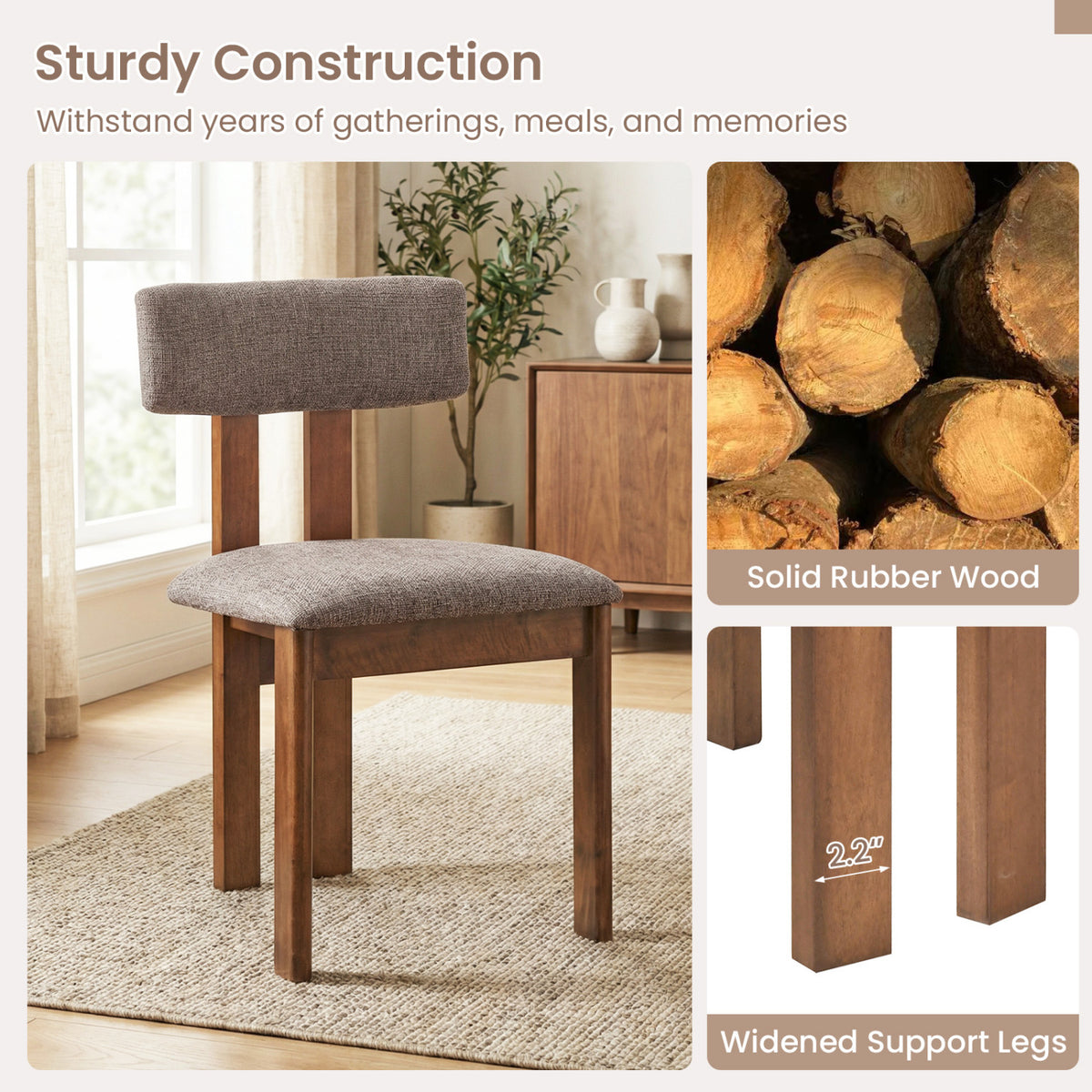 Upholstered Rubber Wood Dining Chairs Set of 2 with Curved Backrest-Walnut