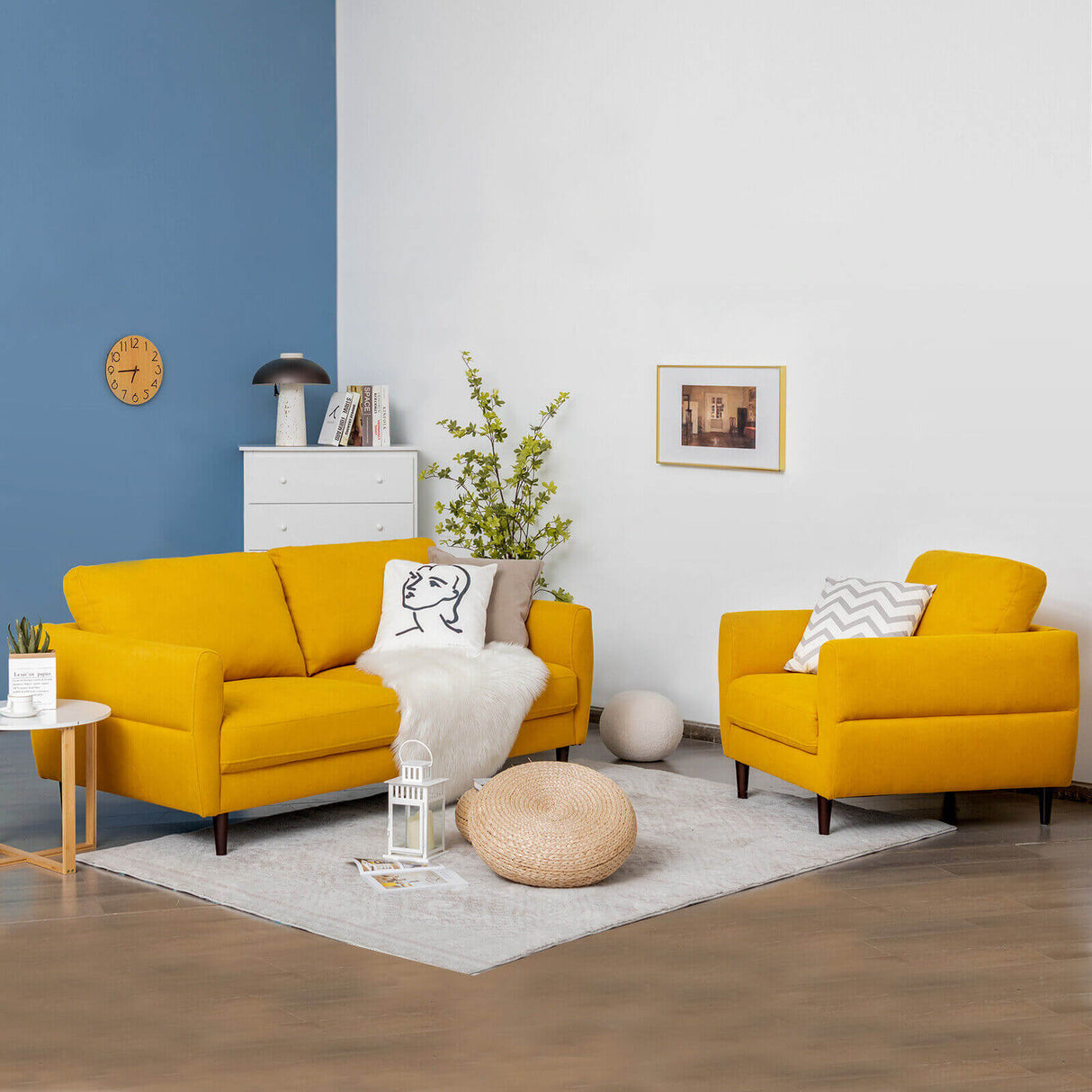 2 Pieces Upholstered Sofa Set with Removable Cushion Covers-Navy