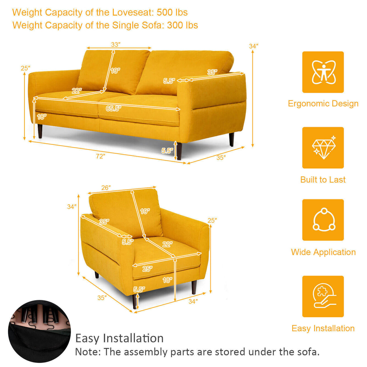 2 Pieces Upholstered Sofa Set with Removable Cushion Covers-Navy