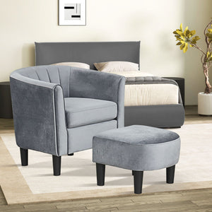 Upholstered Teddy Velvet Club Barrel Chair with Ottoman with Footrest-Gray