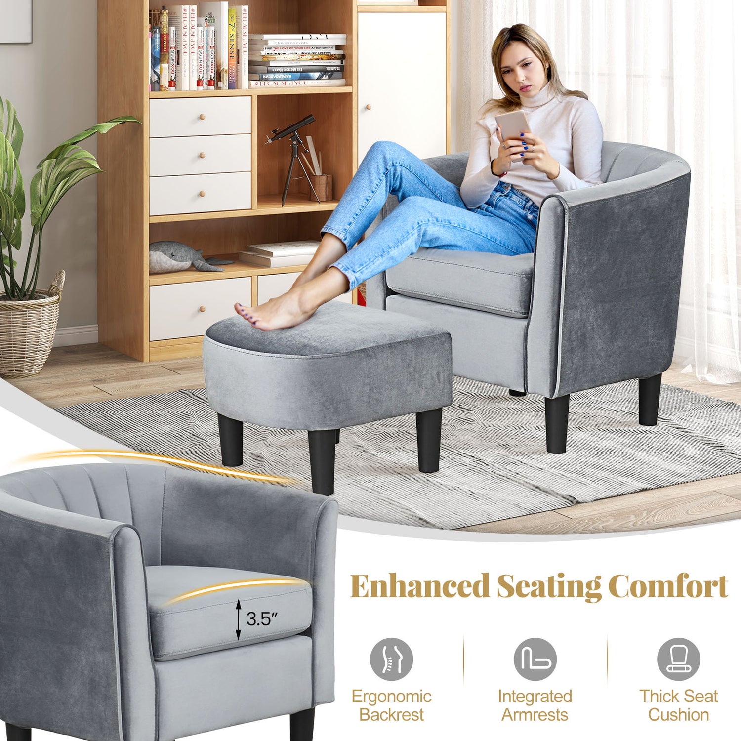 Upholstered Teddy Velvet Club Barrel Chair with Ottoman with Footrest-Gray