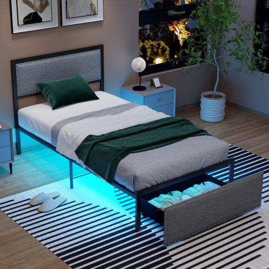 Full/Queen/Twin Size Bed Frame with LED Lights Drawer and Metal Slats-Twin Size