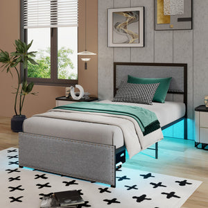 Full/Queen/Twin Size Bed Frame with LED Lights Drawer and Metal Slats-Twin Size