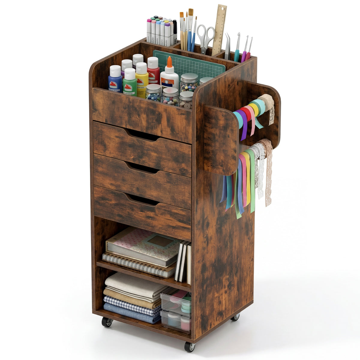 Utility Trolley with Open Shelves and 3 Drawers-Rustic Brown
