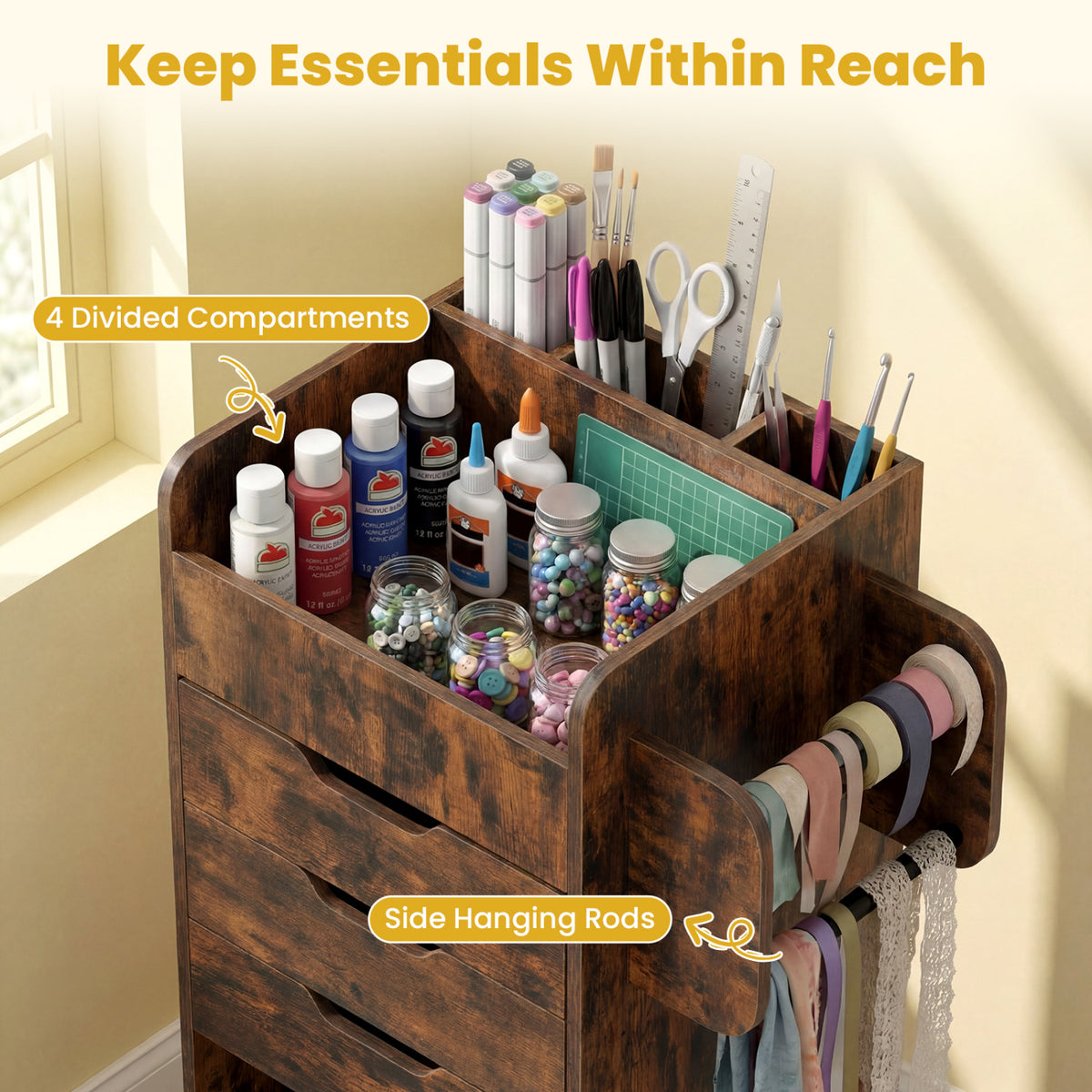 Utility Trolley with Open Shelves and 3 Drawers-Rustic Brown