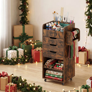 Utility Trolley with Open Shelves and 3 Drawers-Rustic Brown