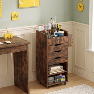 Utility Trolley with Open Shelves and 3 Drawers-Rustic Brown