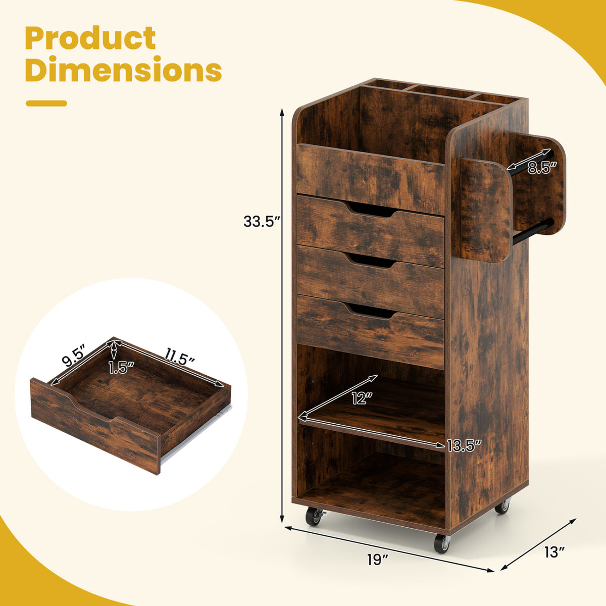 Utility Trolley with Open Shelves and 3 Drawers-Rustic Brown
