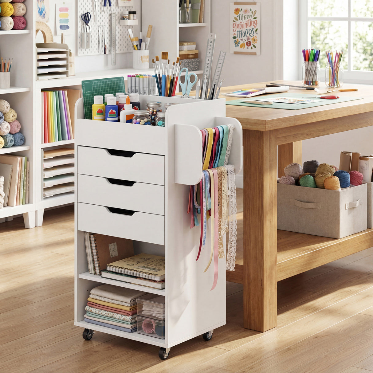 Utility Trolley with Open Shelves and 3 Drawers-White
