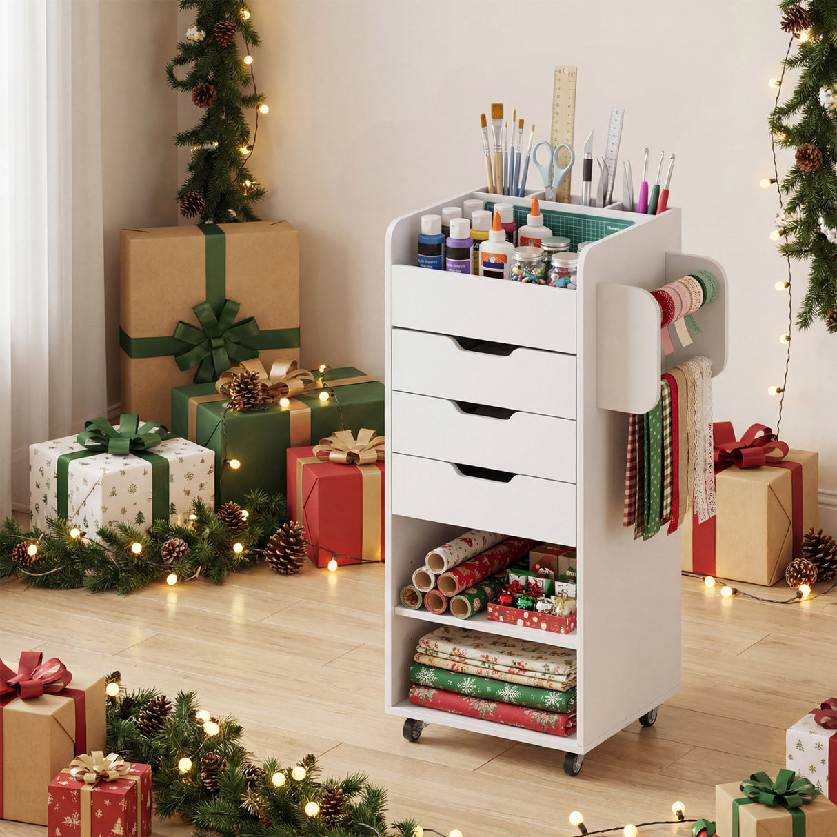 Utility Trolley with Open Shelves and 3 Drawers-White