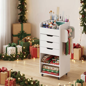 Utility Trolley with Open Shelves and 3 Drawers-White