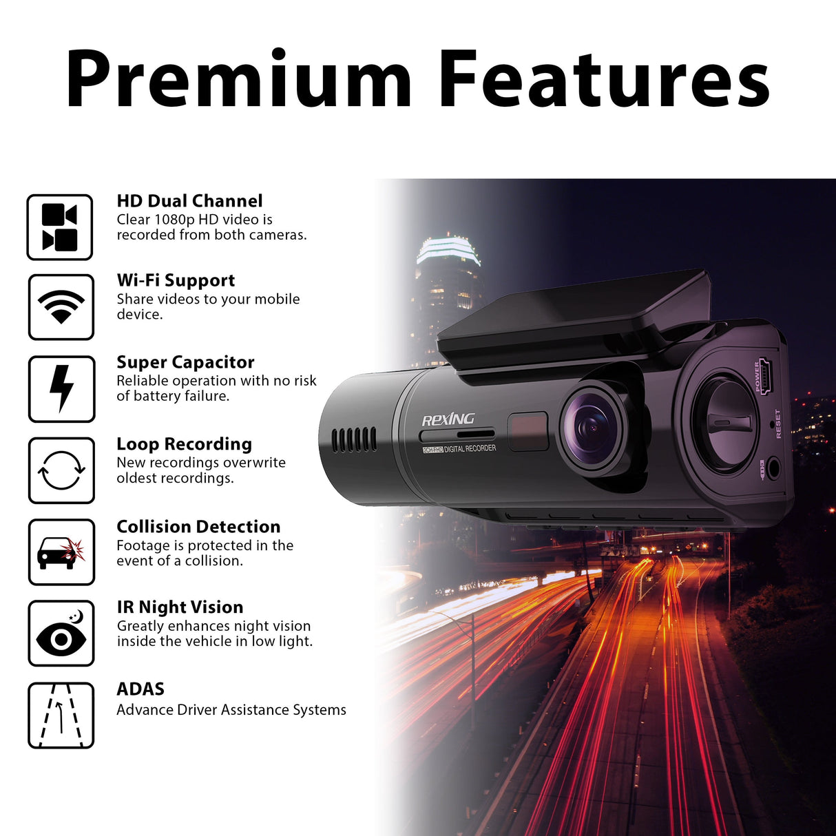 Rexing V3C Dual Camera Front and Inside Cabin Full HD 1080p Dash Cam with WiFi (Open Box)