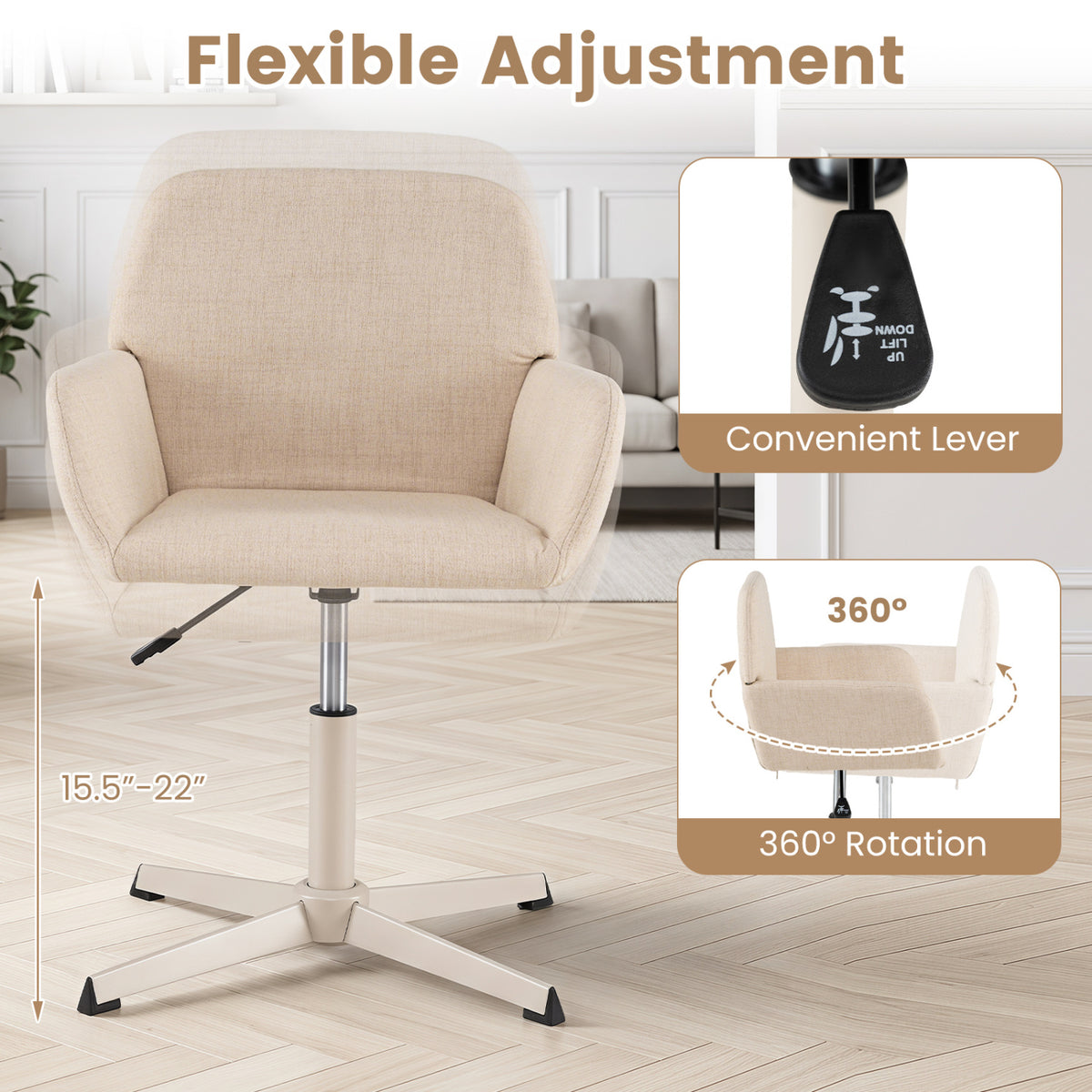 Vanity Chair with Back 360Â° Swivel Armchair w/ Adjustable Height for Home Office-Beige