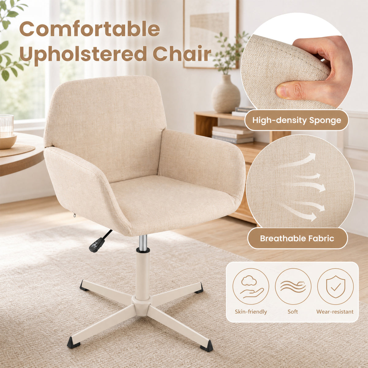 Vanity Chair with Back 360Â° Swivel Armchair w/ Adjustable Height for Home Office-Beige