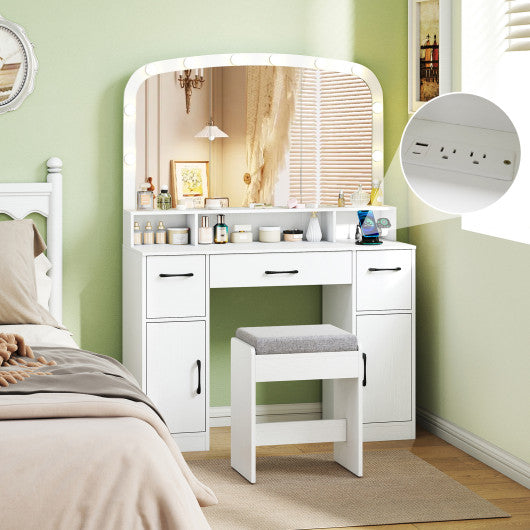 Vanity Desk Makeup Table with Stool 3-Color Lights and Charging Station-Rustic Brown