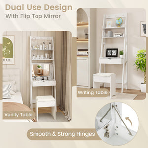 Vanity Desk Set with Flip Top Mirror  Hidden Storage Compartments and Cushioned Stool-White