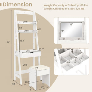 Vanity Desk Set with Flip Top Mirror  Hidden Storage Compartments and Cushioned Stool-White