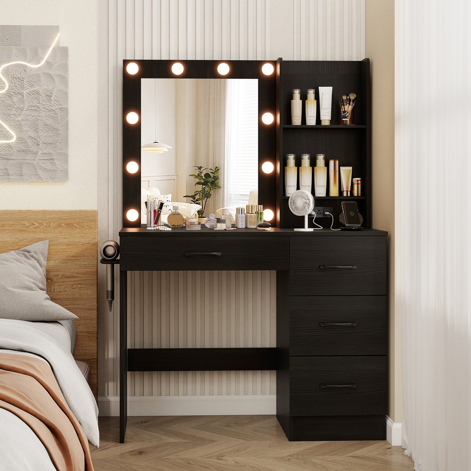 Vanity Desk with 3-Color Lights and Power Outlets-Black