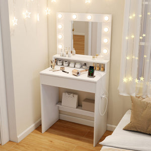 Vanity Desk with Adjustable Brightness and 3 Light Modes for Bedroom-White