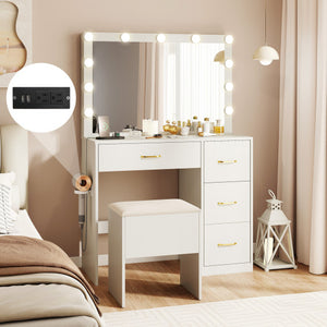 Vanity Desk with Mirror and Lights Makeup Dressing Table with Power Outlets-White