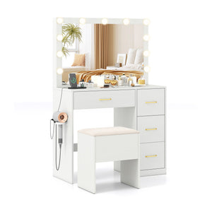 Vanity Desk with Mirror and Lights Makeup Dressing Table with Power Outlets-White