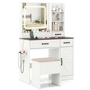 Vanity Desk with Mirror and Lights Farmhouse Makeup Dressing Table-White