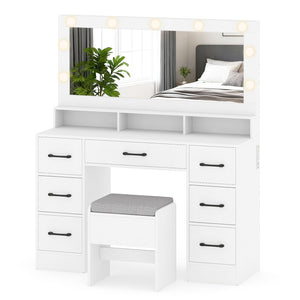 Vanity Desk with Mirror and Lights Makeup Table with Power Outlets-White