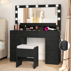 Vanity Desk with Mirror and Lights Makeup Table with Power Outlets-Black