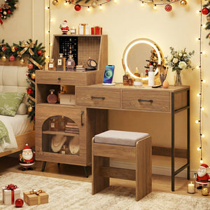 Vanity Desk with Mirror & Lights with Ring Slots & Necklace Hooks for Makeup-Natural & White