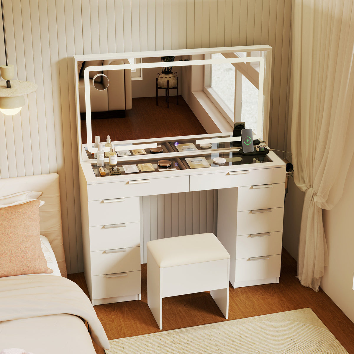 Vanity Desk with Mirror & Lights and Stool with Charging Station for Makeup-White