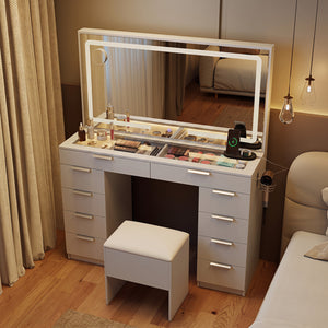 Vanity Desk with Mirror & Lights and Stool with Charging Station for Makeup-White