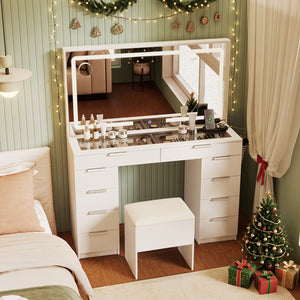 Vanity Desk with Mirror & Lights and Stool with Charging Station for Makeup-White