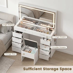 Vanity Desk with Mirror & Lights and Stool with Charging Station for Makeup-White