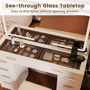 Vanity Desk with Mirror & Lights and Stool with Charging Station for Makeup-White