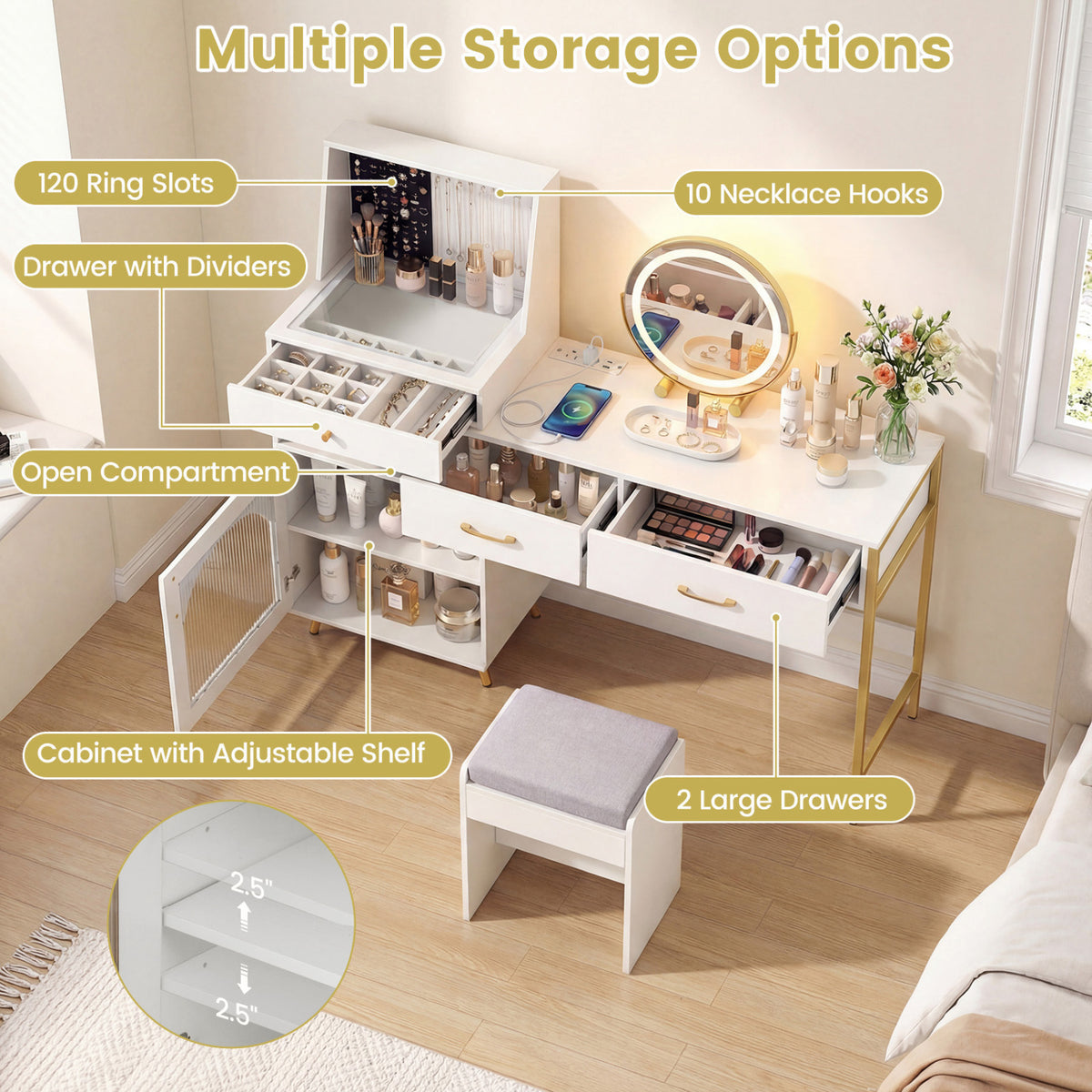 Vanity Desk with Mirror & Lights with Ring Slots & Necklace Hooks for Makeup-White
